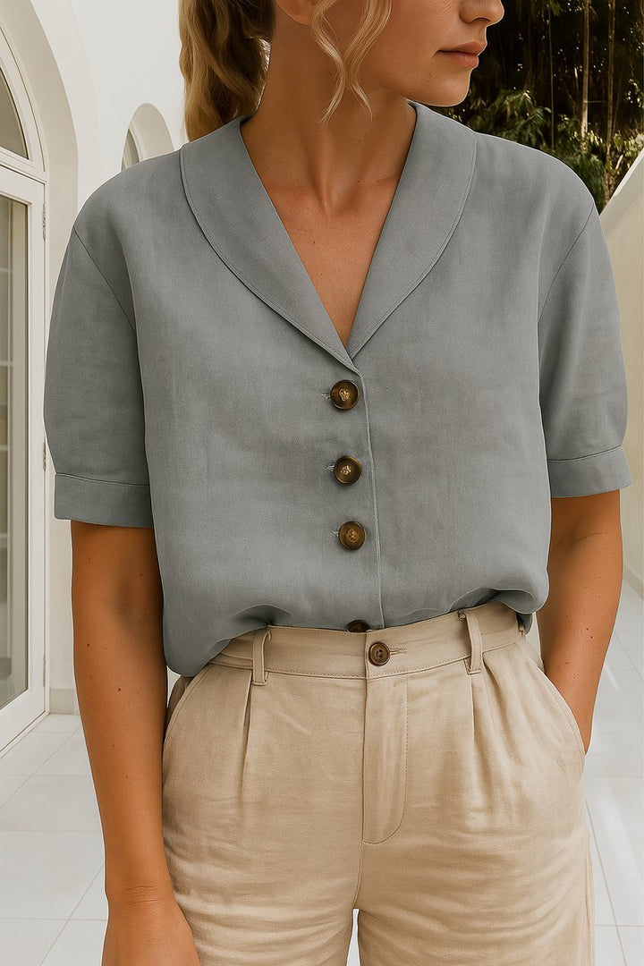 Damen Kurzarm-Bluse mit Knopfleiste Reverskragen Relaxed Fit - Grey