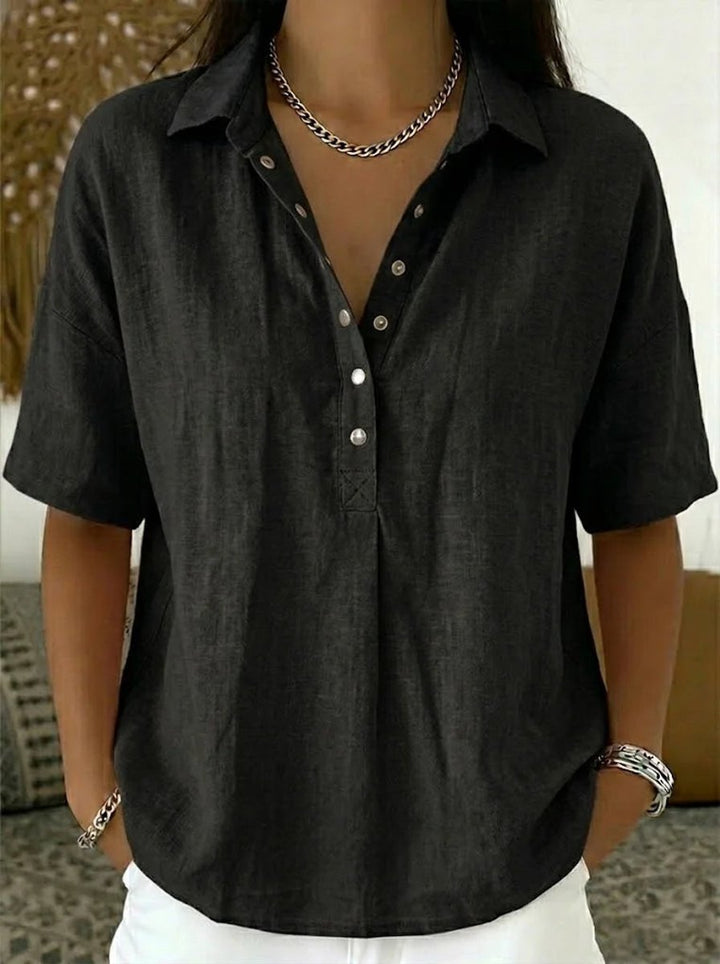 Damen Kurzarm-Bluse mit Kragen lockerer Leinen-Look Knopfleiste - Schwarz