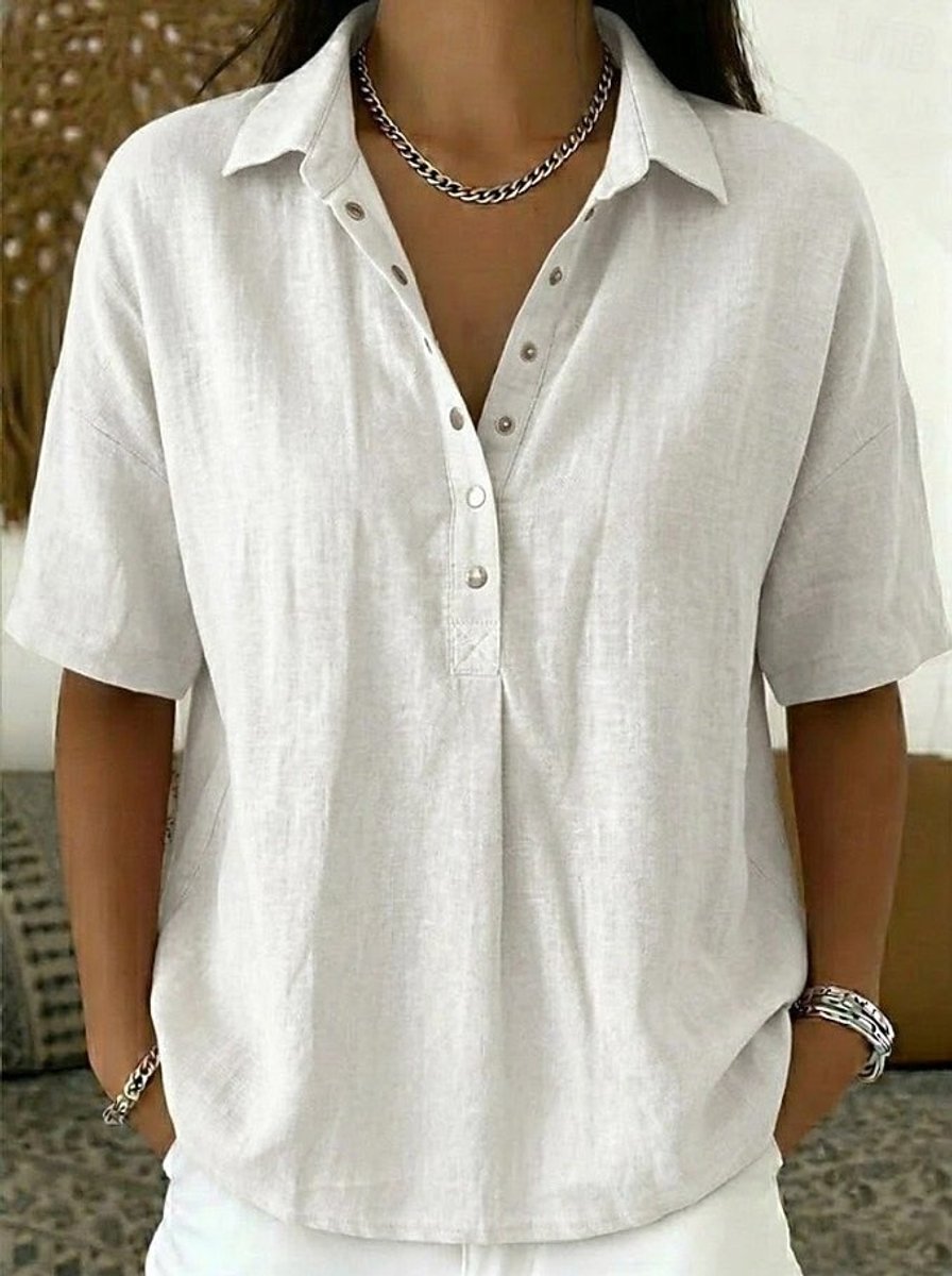Damen Kurzarm-Bluse mit Kragen lockerer Leinen-Look Knopfleiste - Weiß