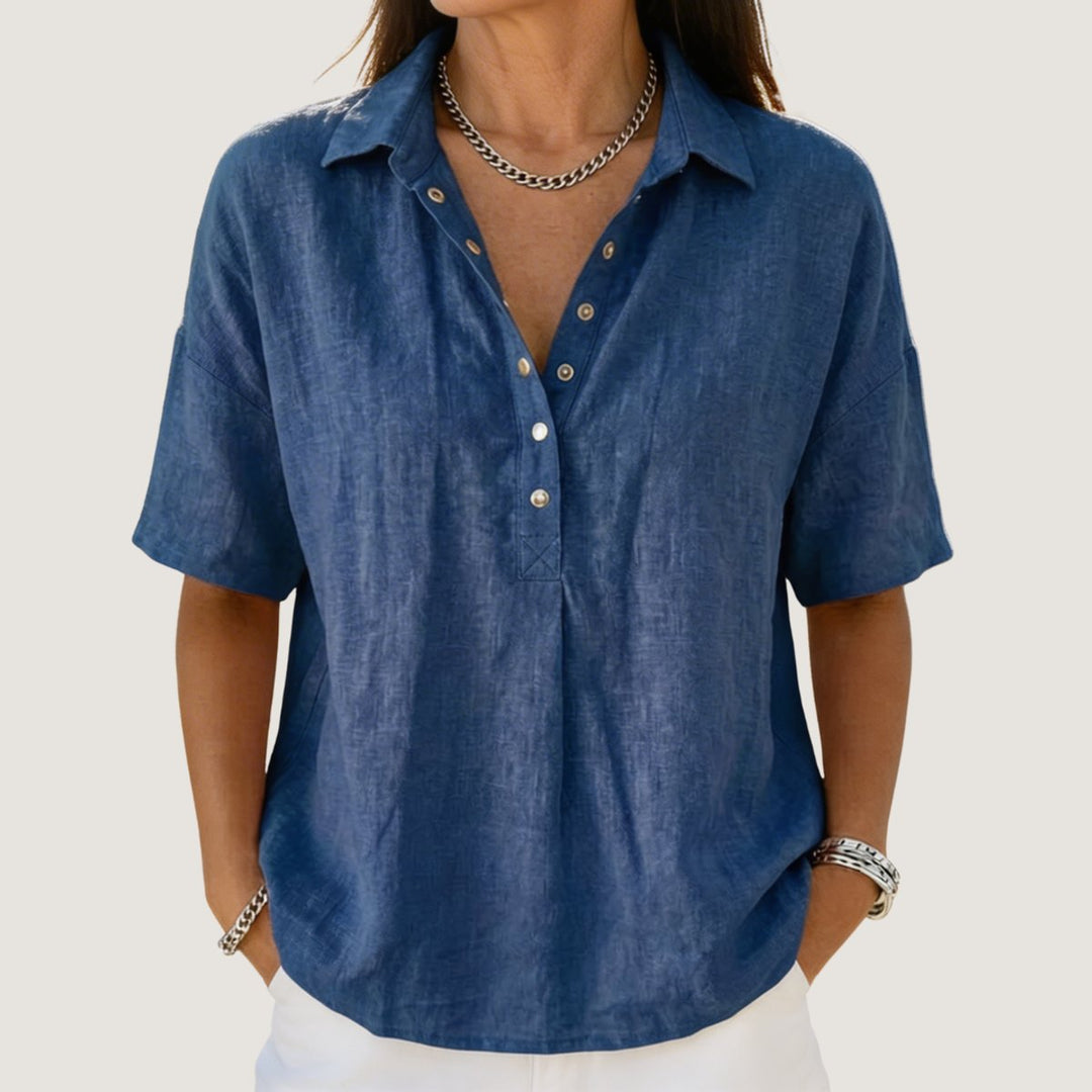 Damen Kurzarm-Bluse mit Kragen lockerer Leinen-Look Knopfleiste