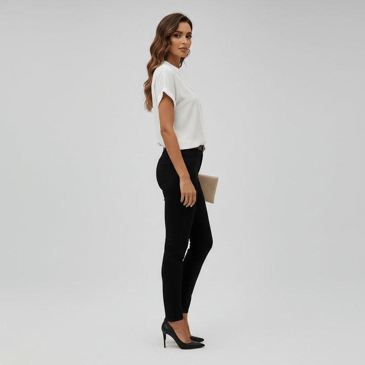 Damen Kurzarm-Bluse V-Ausschnitt Relaxed-Fit Umgeschlagene Ärmel