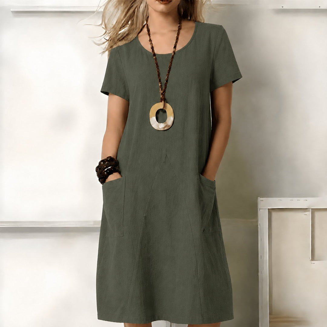 Damen Kurzarm Boho Midikleid lockere Passform mit Taschen - Grün