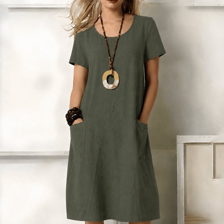 Damen Kurzarm Boho Midikleid lockere Passform mit Taschen - Grün