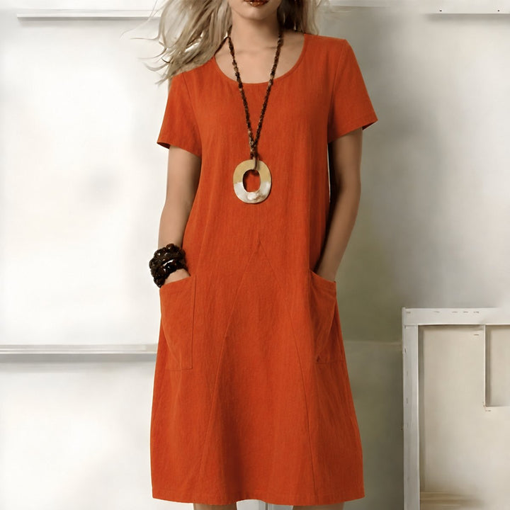 Damen Kurzarm Boho Midikleid lockere Passform mit Taschen - Orange