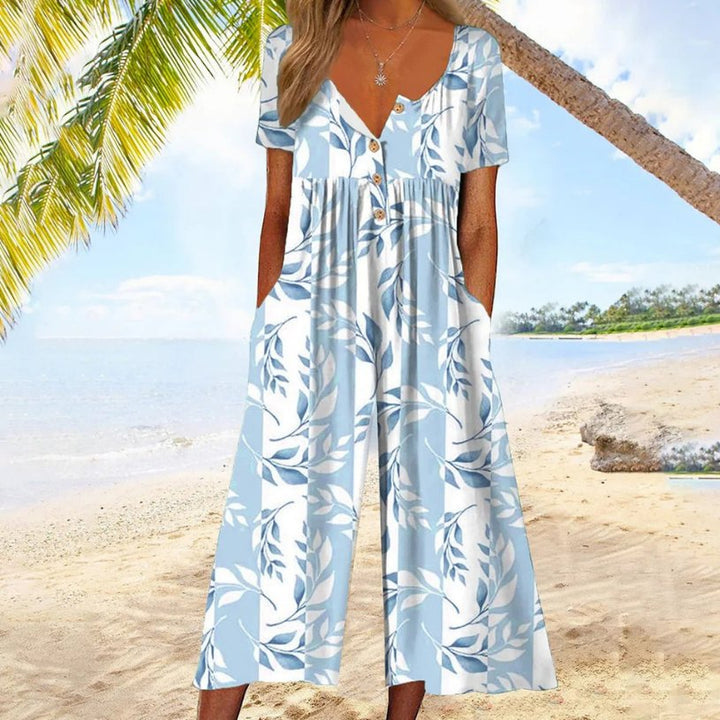 Damen Kurzarm-Culotte-Jumpsuit mit Knopfleiste aus Baumwolle - Light Blue