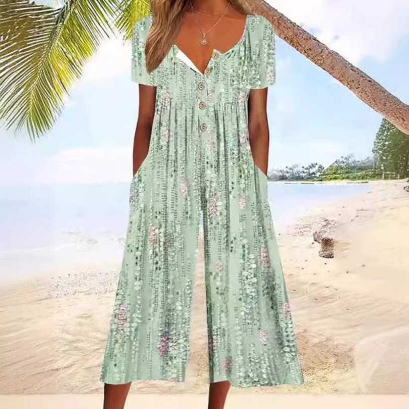 Damen Kurzarm-Culotte-Jumpsuit mit Knopfleiste aus Baumwolle - Green