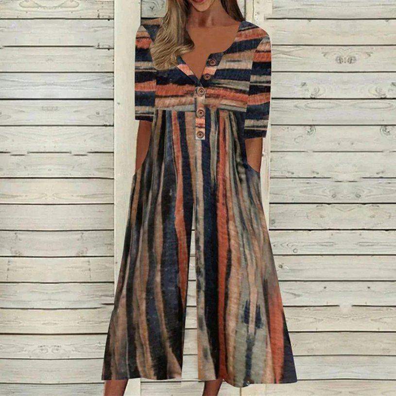 Damen Kurzarm-Culotte-Jumpsuit mit Knopfleiste aus Baumwolle - Multicolor