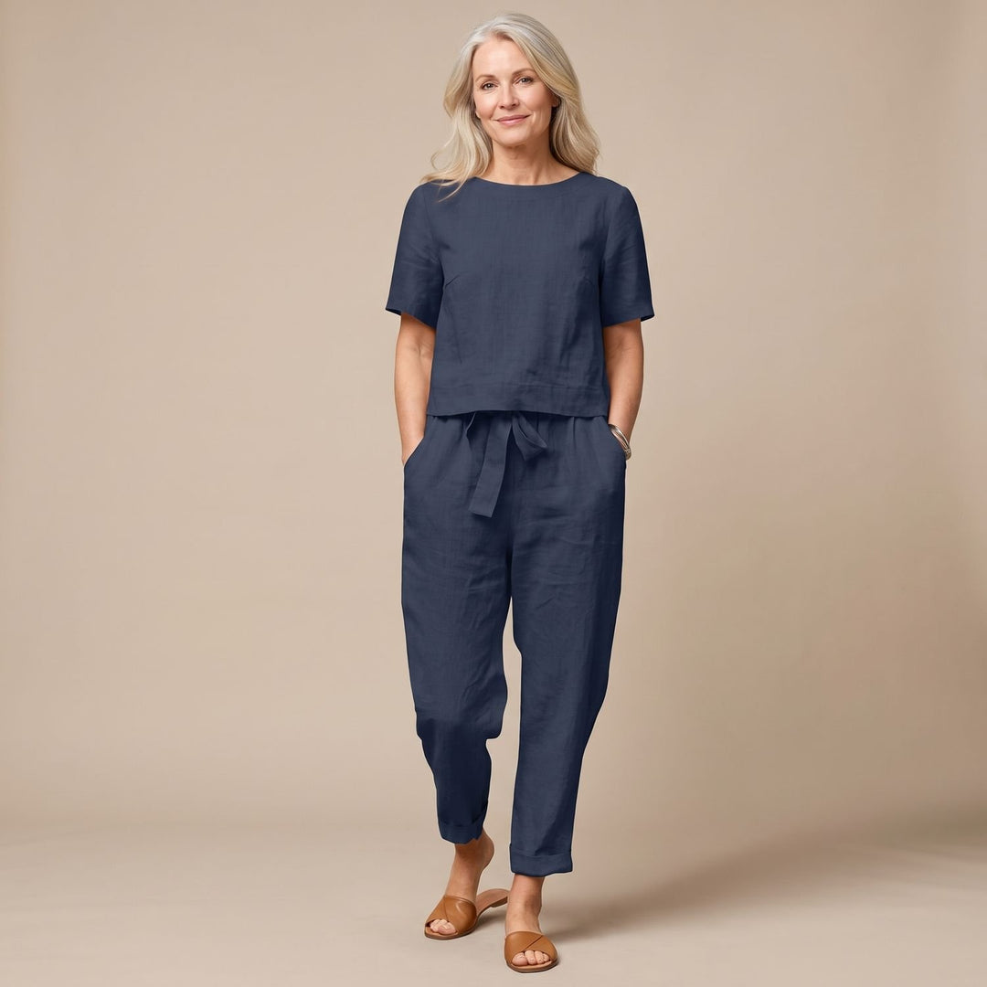 Damen Kurzarm-Jumpsuit mit Bindegürtel und Taschen - Blau