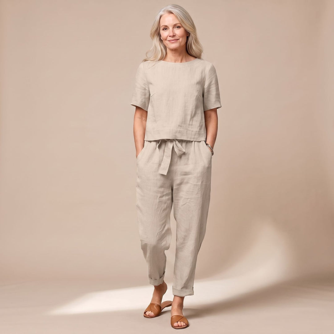 Damen Kurzarm-Jumpsuit mit Bindegürtel und Taschen - Khaki