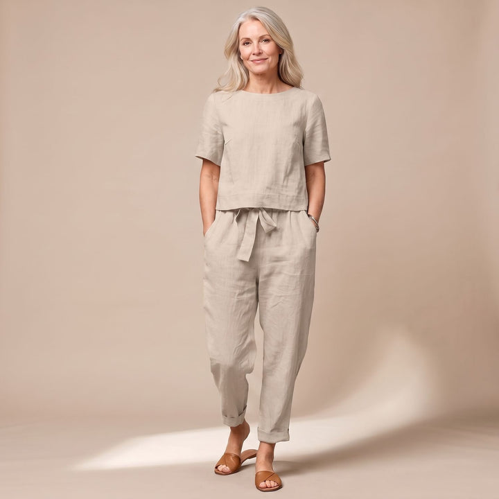 Damen Kurzarm-Jumpsuit mit Bindegürtel und Taschen - Khaki