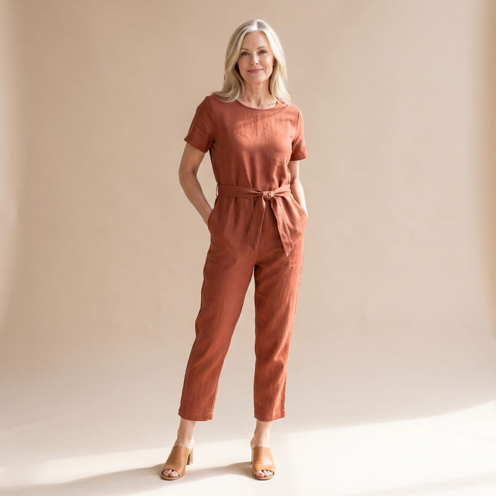 Damen Kurzarm-Jumpsuit mit Bindegürtel und Taschen - Braun