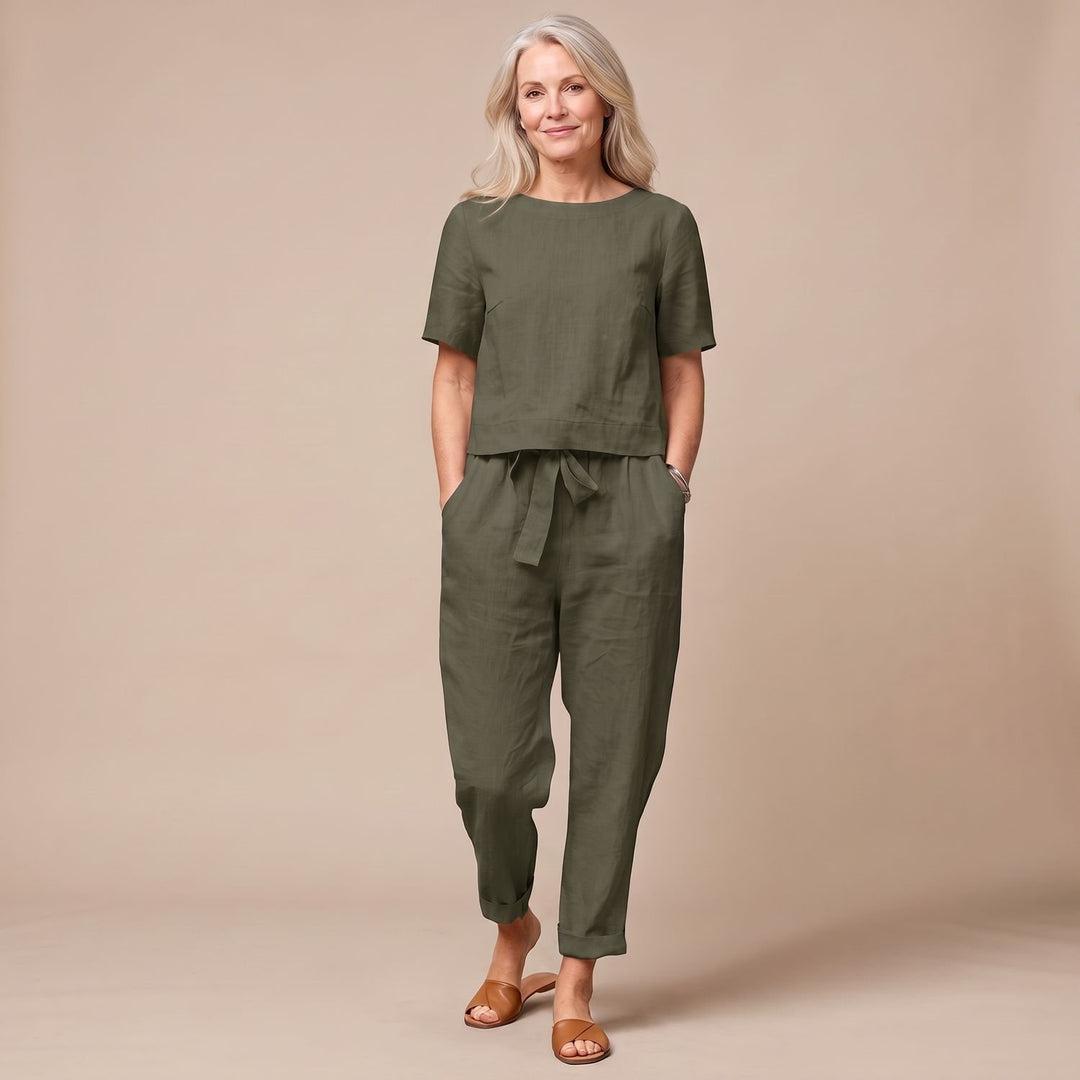Damen Kurzarm-Jumpsuit mit Bindegürtel und Taschen - Grün