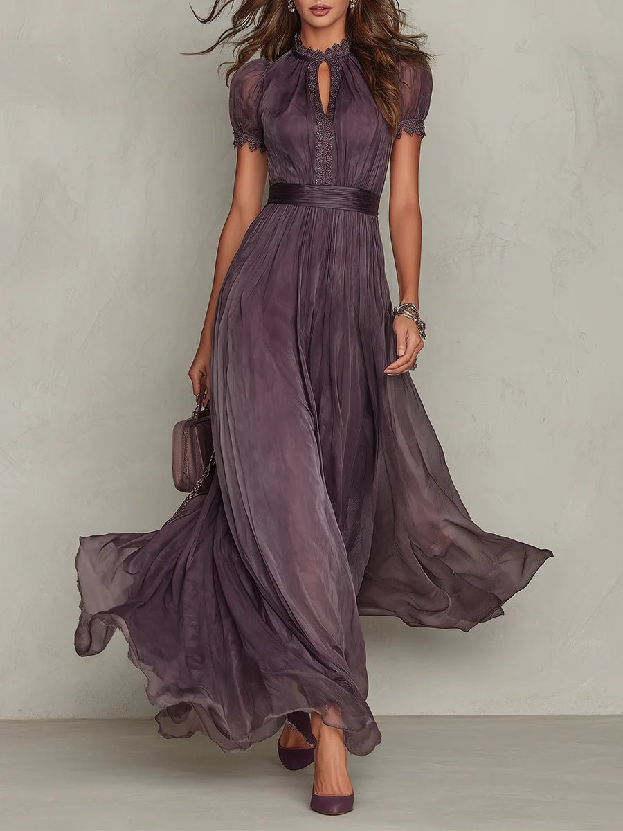 Damen Kurzarm Keyhole Maxi-Kleid mit fließendem Chiffon-Rock - Purple