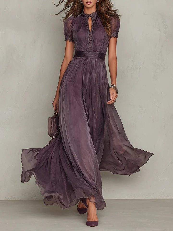 Damen Kurzarm Keyhole Maxi-Kleid mit fließendem Chiffon-Rock - Purple