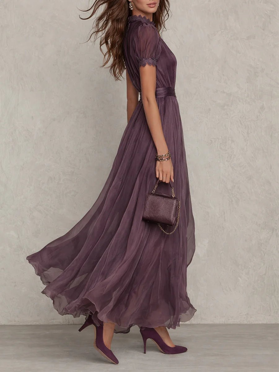 Damen Kurzarm Keyhole Maxi-Kleid mit fließendem Chiffon-Rock