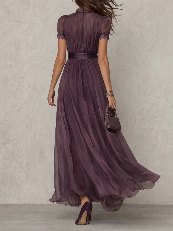 Damen Kurzarm Keyhole Maxi-Kleid mit fließendem Chiffon-Rock