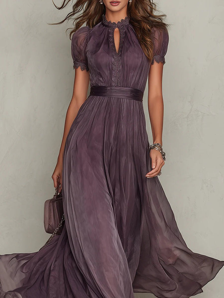 Damen Kurzarm Keyhole Maxi-Kleid mit fließendem Chiffon-Rock