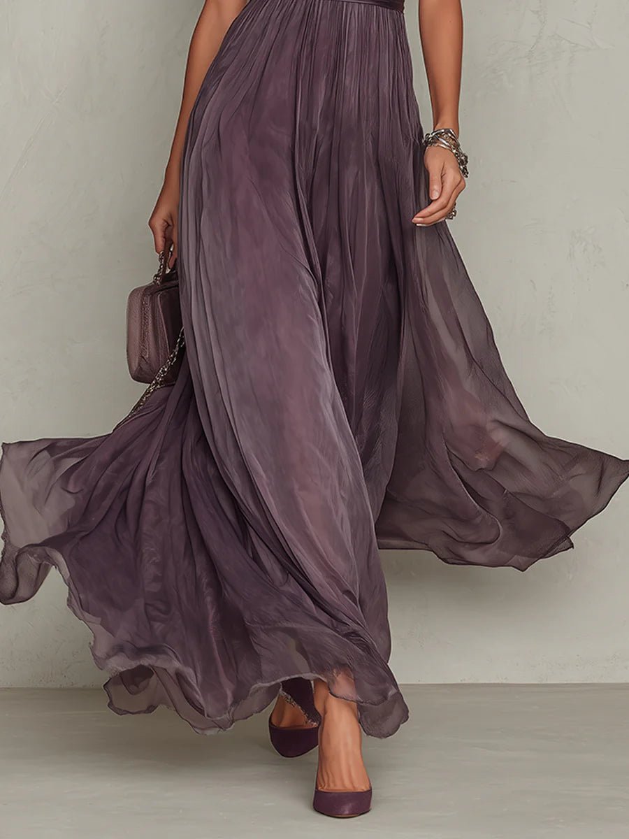 Damen Kurzarm Keyhole Maxi-Kleid mit fließendem Chiffon-Rock