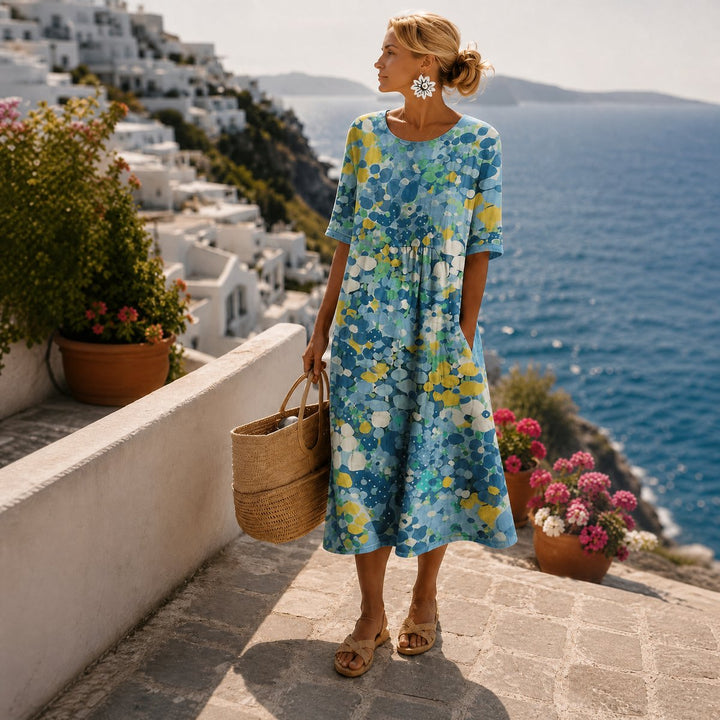 Damen Kurzarm Midi Dress mit buntem Blumenmuster locker geschnitten - Blau