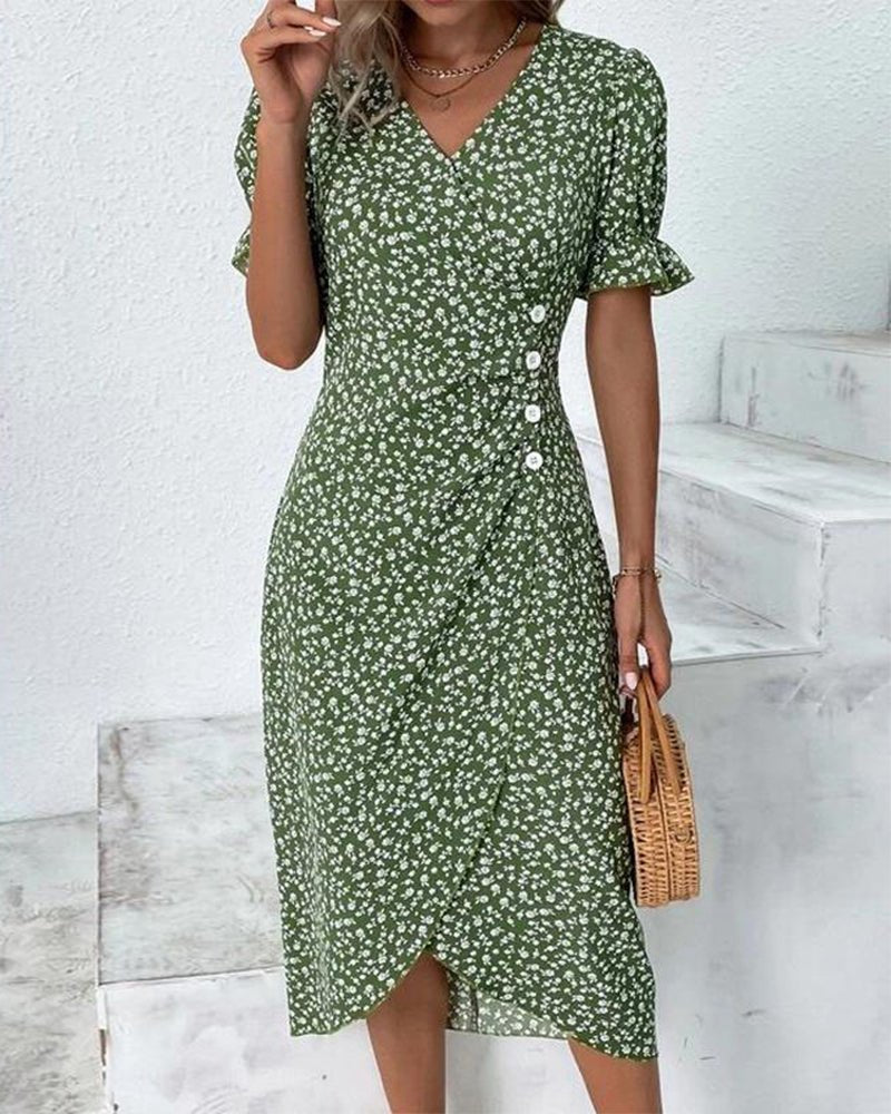 Damen Kurzarm Midi Wickelkleid mit V-Ausschnitt und Knöpfen - Green