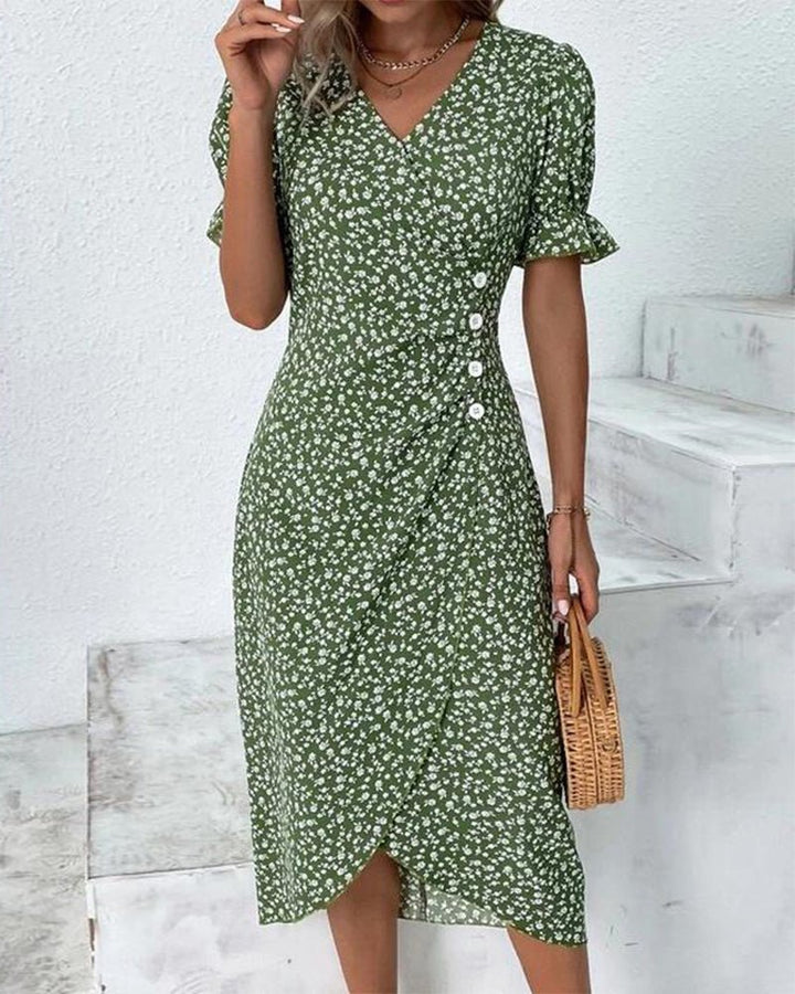 Damen Kurzarm Midi Wickelkleid mit V-Ausschnitt und Knöpfen - Green