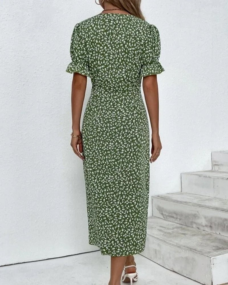 Damen Kurzarm Midi Wickelkleid mit V-Ausschnitt und Knöpfen