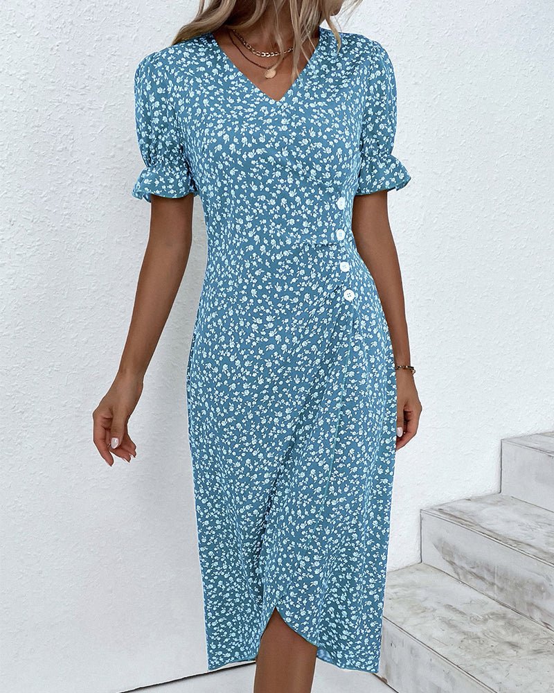 Damen Kurzarm Midi Wickelkleid mit V-Ausschnitt und Knöpfen - Blue