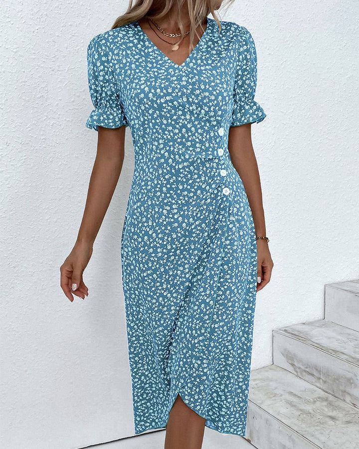 Damen Kurzarm Midi Wickelkleid mit V-Ausschnitt und Knöpfen - Blue