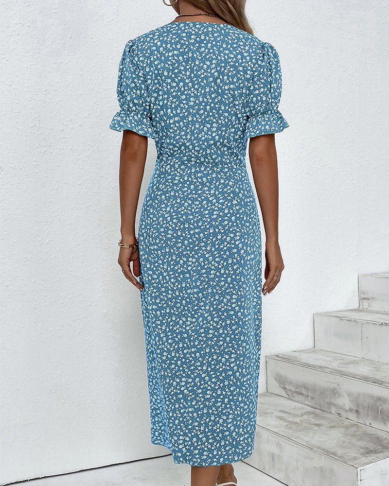 Damen Kurzarm Midi Wickelkleid mit V-Ausschnitt und Knöpfen