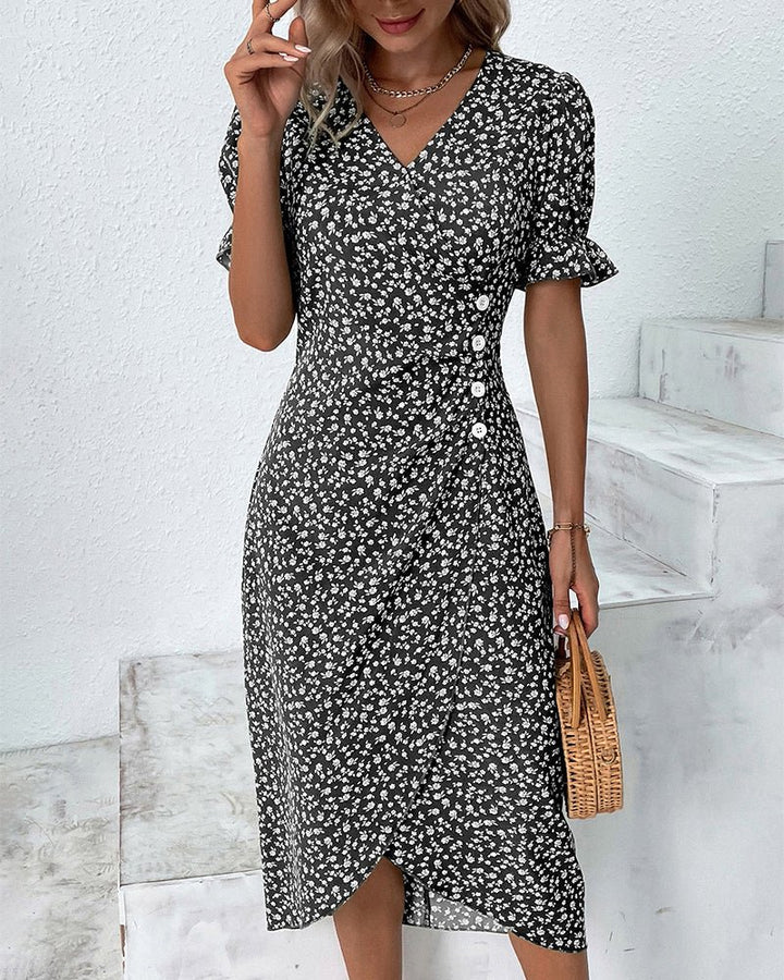 Damen Kurzarm Midi Wickelkleid mit V-Ausschnitt und Knöpfen - Black