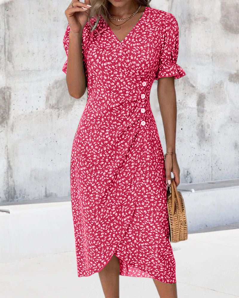 Damen Kurzarm Midi Wickelkleid mit V-Ausschnitt und Knöpfen - Red