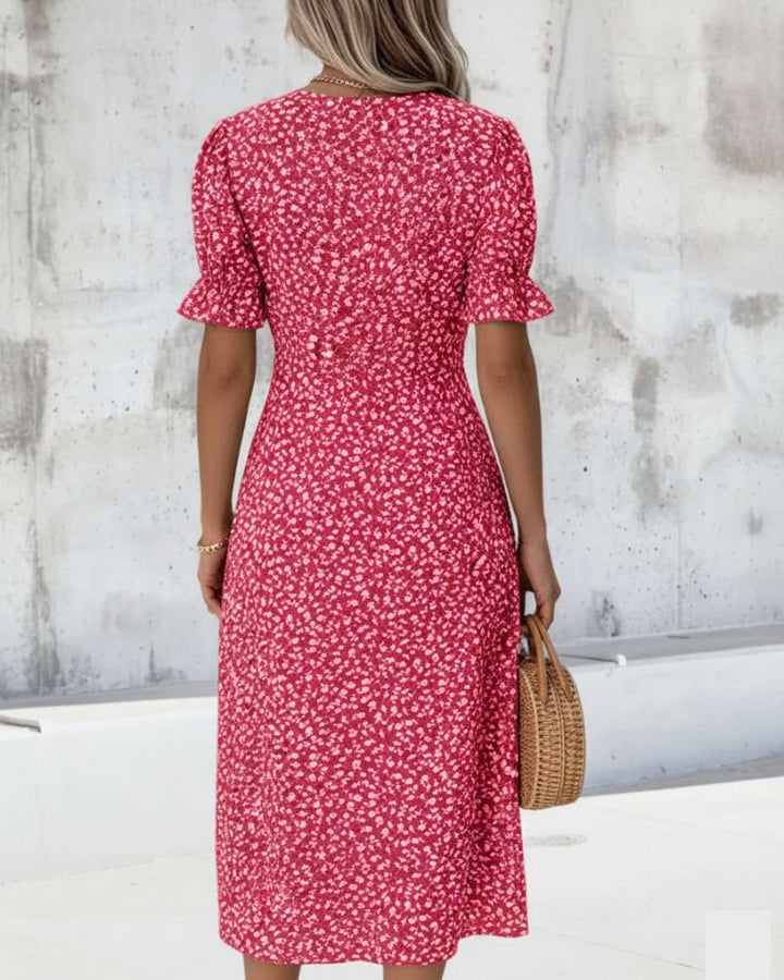 Damen Kurzarm Midi Wickelkleid mit V-Ausschnitt und Knöpfen