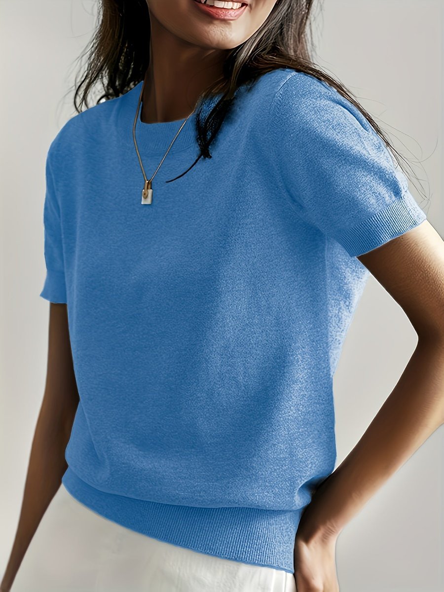 Damen Kurzarm Rundhals Knit Sweater Top Lockere Passform - Blau