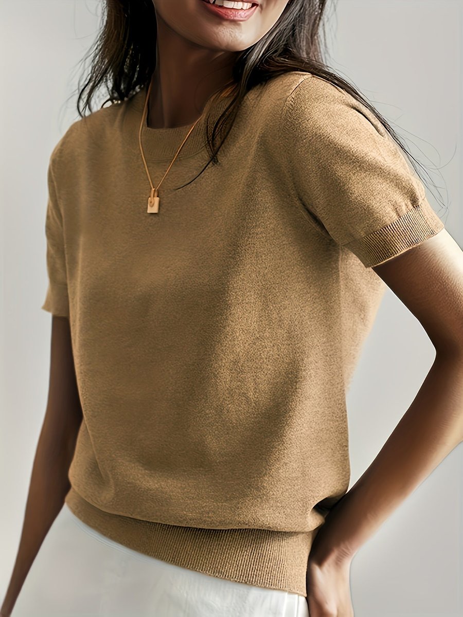 Damen Kurzarm Rundhals Knit Sweater Top Lockere Passform - Erdgold