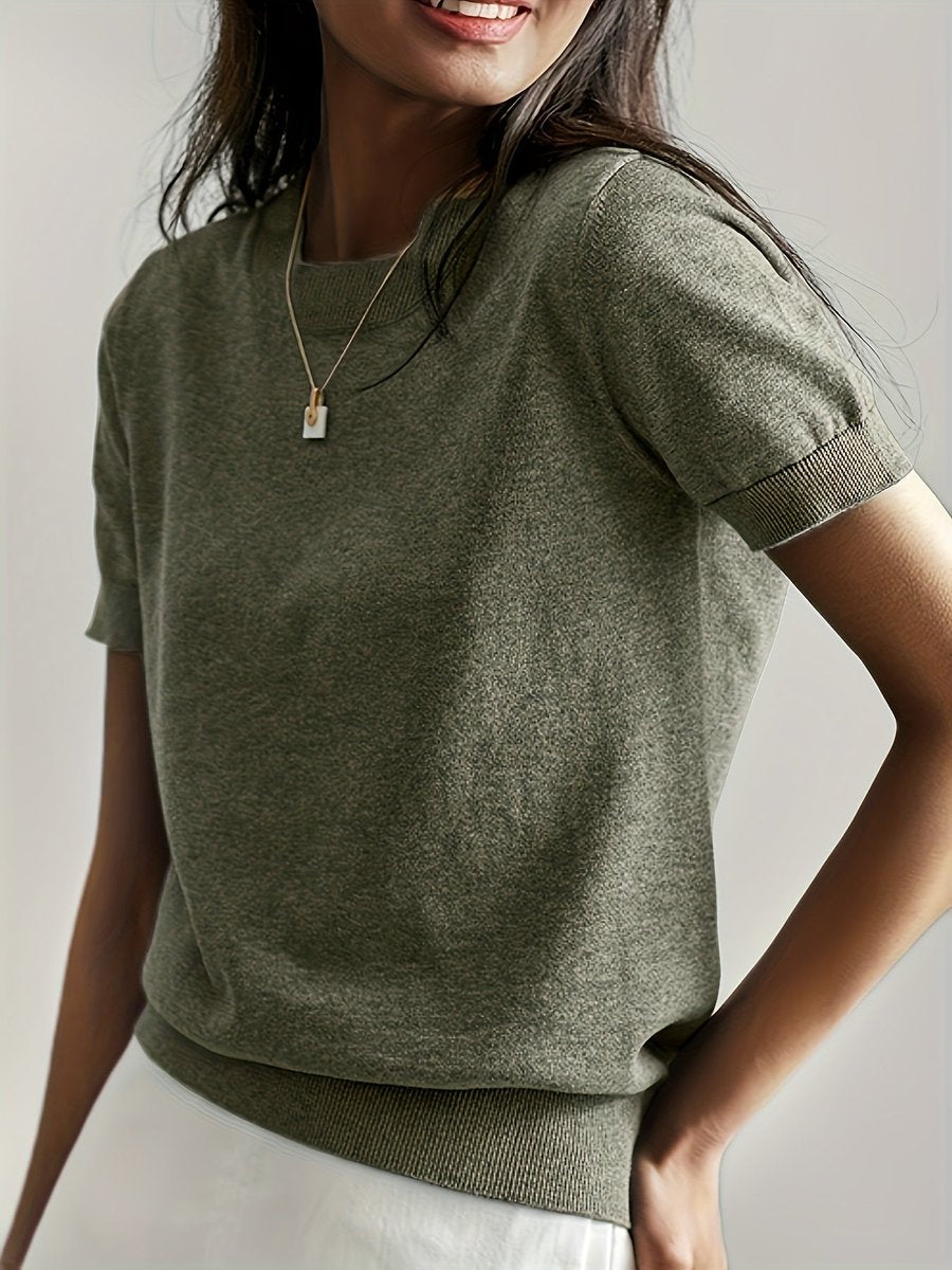 Damen Kurzarm Rundhals Knit Sweater Top Lockere Passform - Oliv
