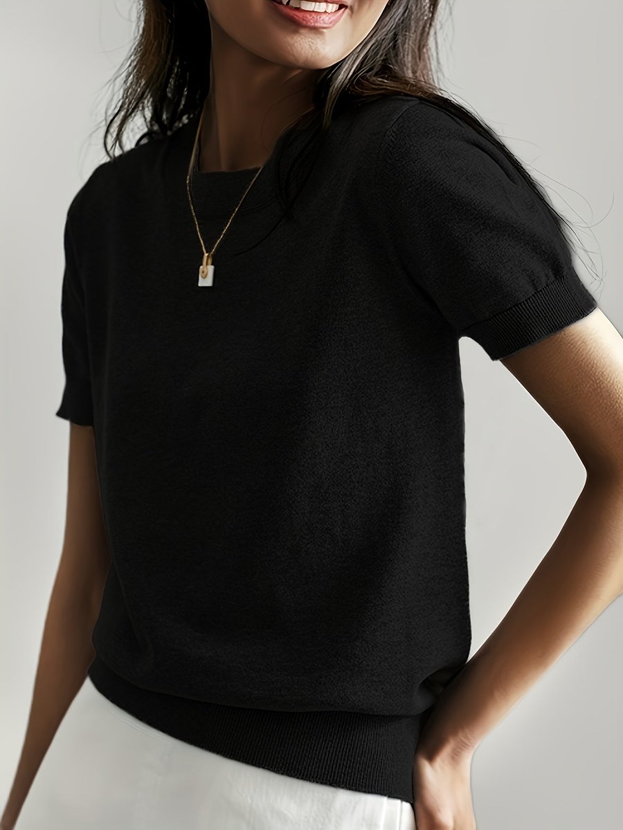 Damen Kurzarm Rundhals Knit Sweater Top Lockere Passform - Schwarz