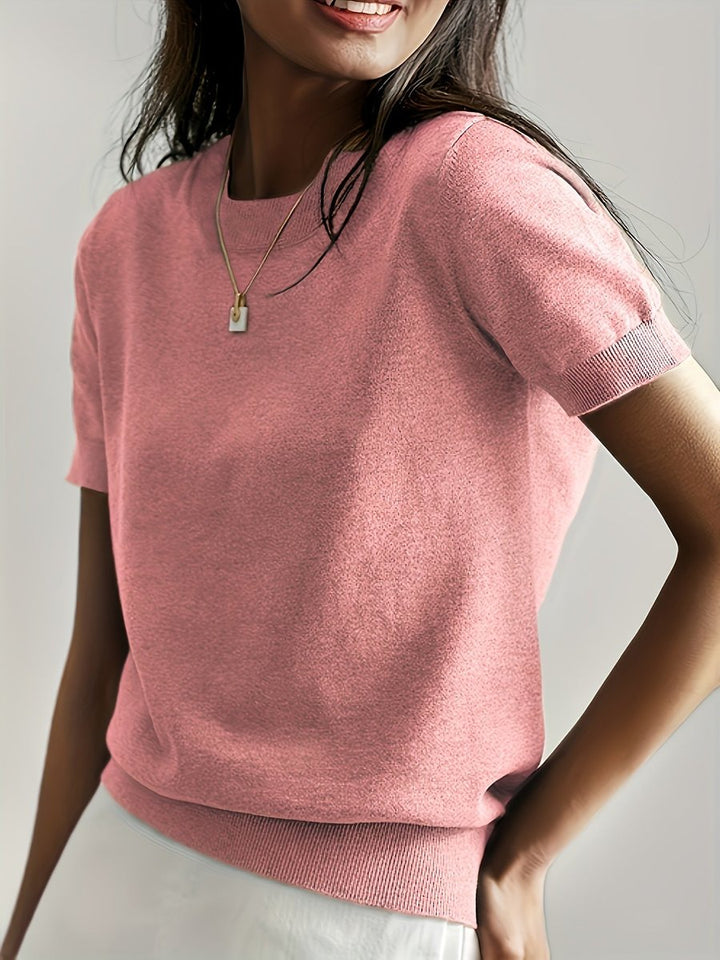 Damen Kurzarm Rundhals Knit Sweater Top Lockere Passform - Rosa
