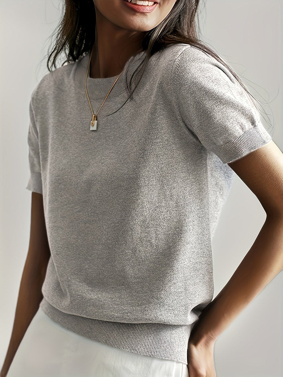 Damen Kurzarm Rundhals Knit Sweater Top Lockere Passform - Hellgrau