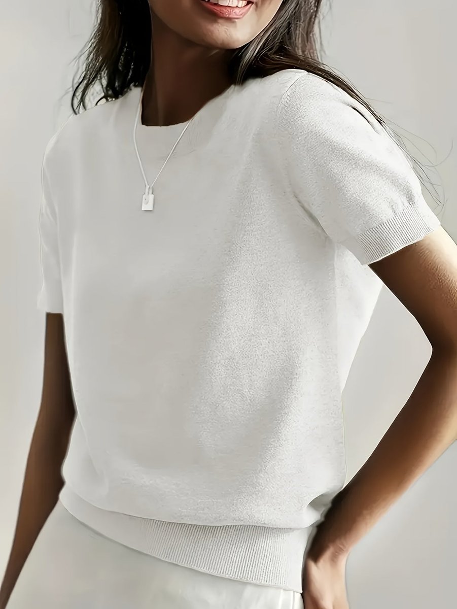 Damen Kurzarm Rundhals Knit Sweater Top Lockere Passform - Weiß