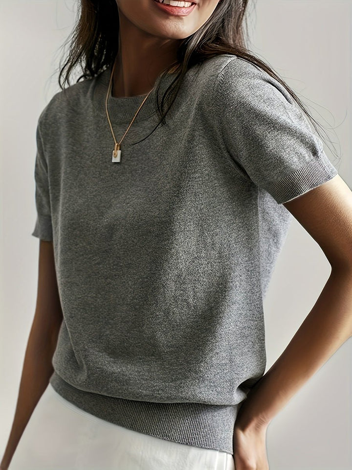 Damen Kurzarm Rundhals Knit Sweater Top Lockere Passform - Grau