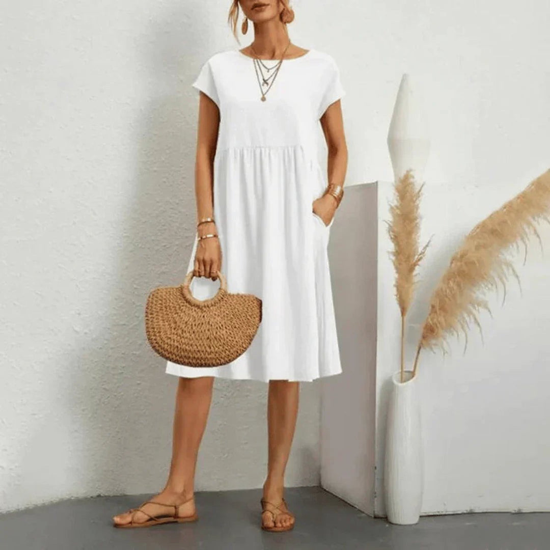 Damen Kurzarm Sommerkleid mit Rüschendetail und Taschen - Weiß