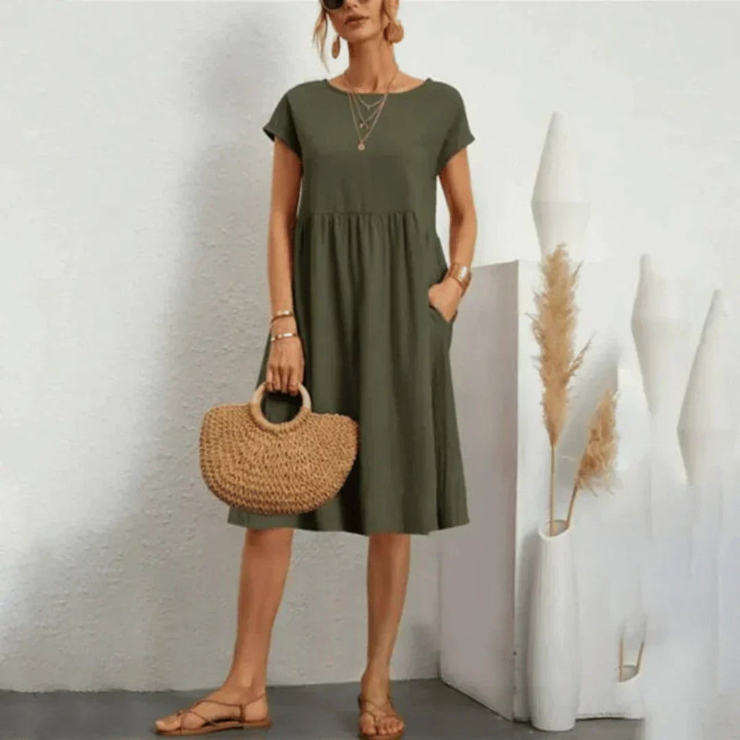 Damen Kurzarm Sommerkleid mit Rüschendetail und Taschen - Grün