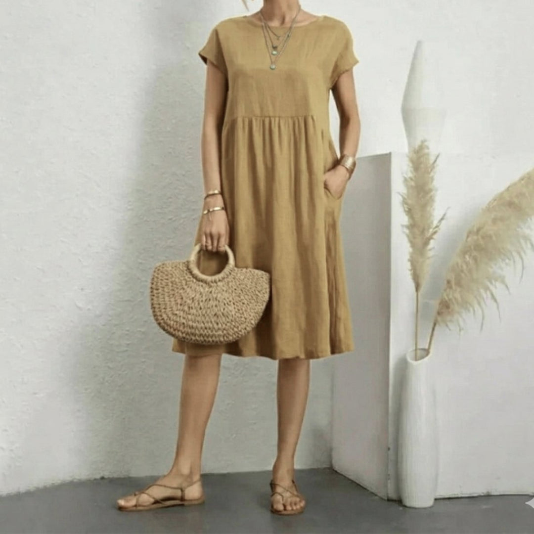 Damen Kurzarm Sommerkleid mit Rüschendetail und Taschen - Beige