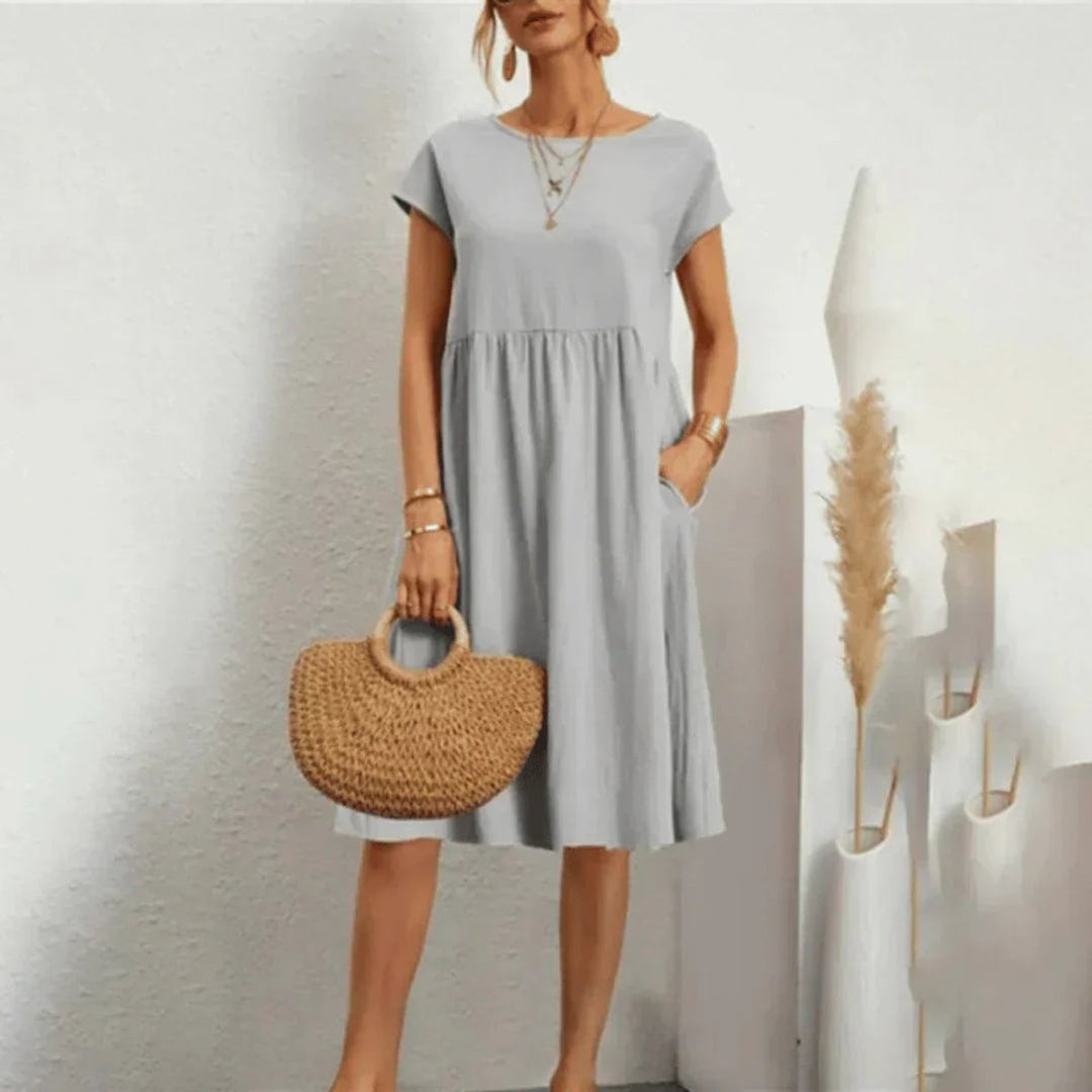 Damen Kurzarm Sommerkleid mit Rüschendetail und Taschen - Grau