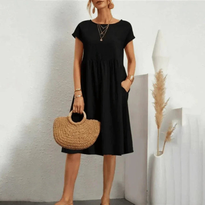 Damen Kurzarm Sommerkleid mit Rüschendetail und Taschen - Schwarz