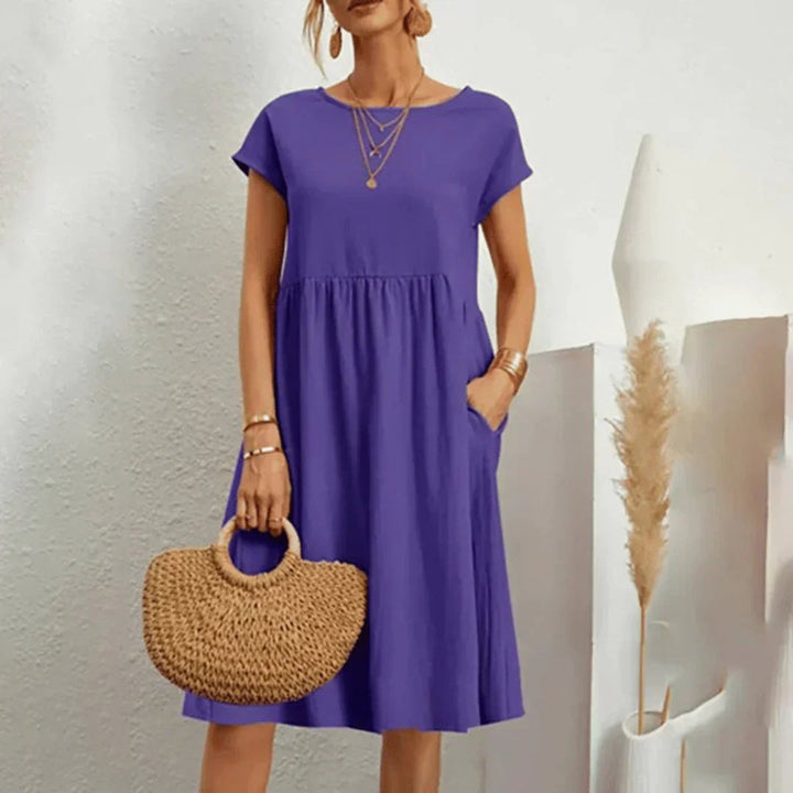 Damen Kurzarm Sommerkleid mit Rüschendetail und Taschen - Lila