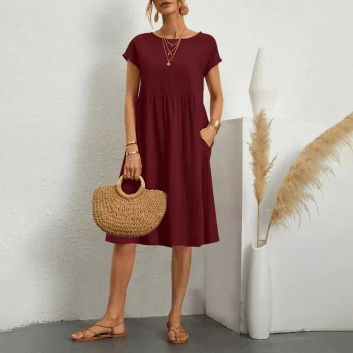 Damen Kurzarm Sommerkleid mit Rüschendetail und Taschen - Burgunderrot