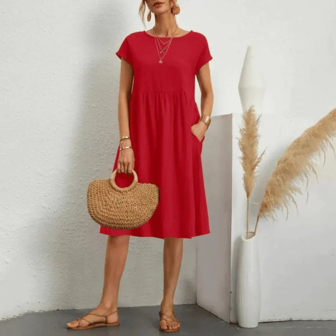 Damen Kurzarm Sommerkleid mit Rüschendetail und Taschen - Rot
