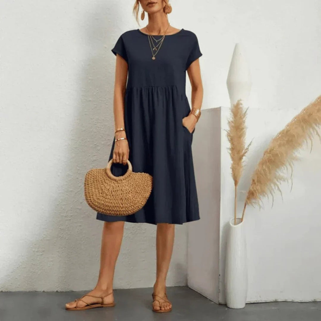 Damen Kurzarm Sommerkleid mit Rüschendetail und Taschen - Marineblau