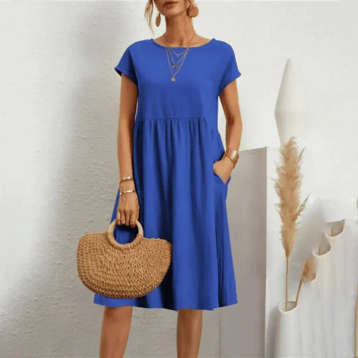 Damen Kurzarm Sommerkleid mit Rüschendetail und Taschen - Blau